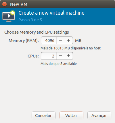 Virt Manager - Memória e CPU