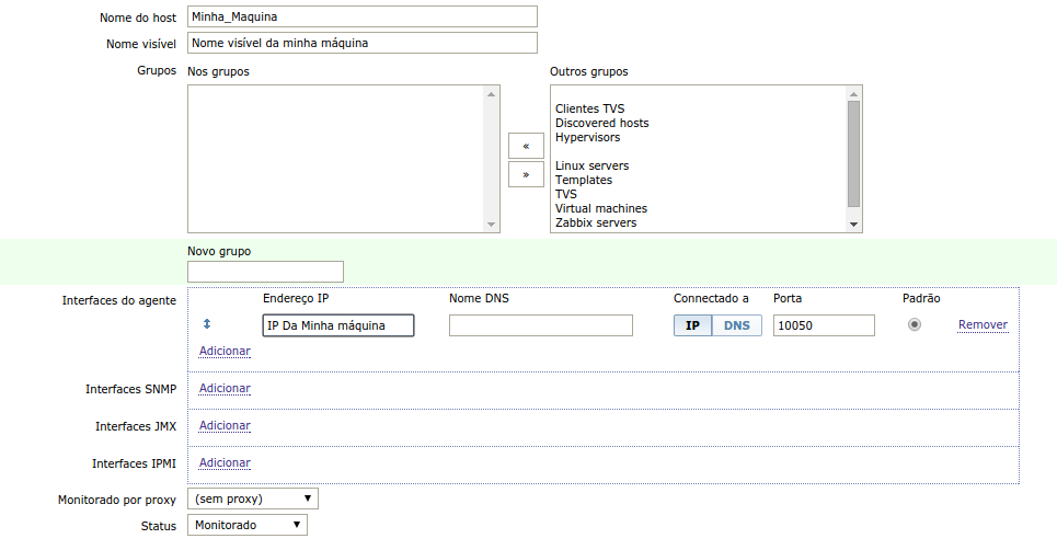 Configurações do Host